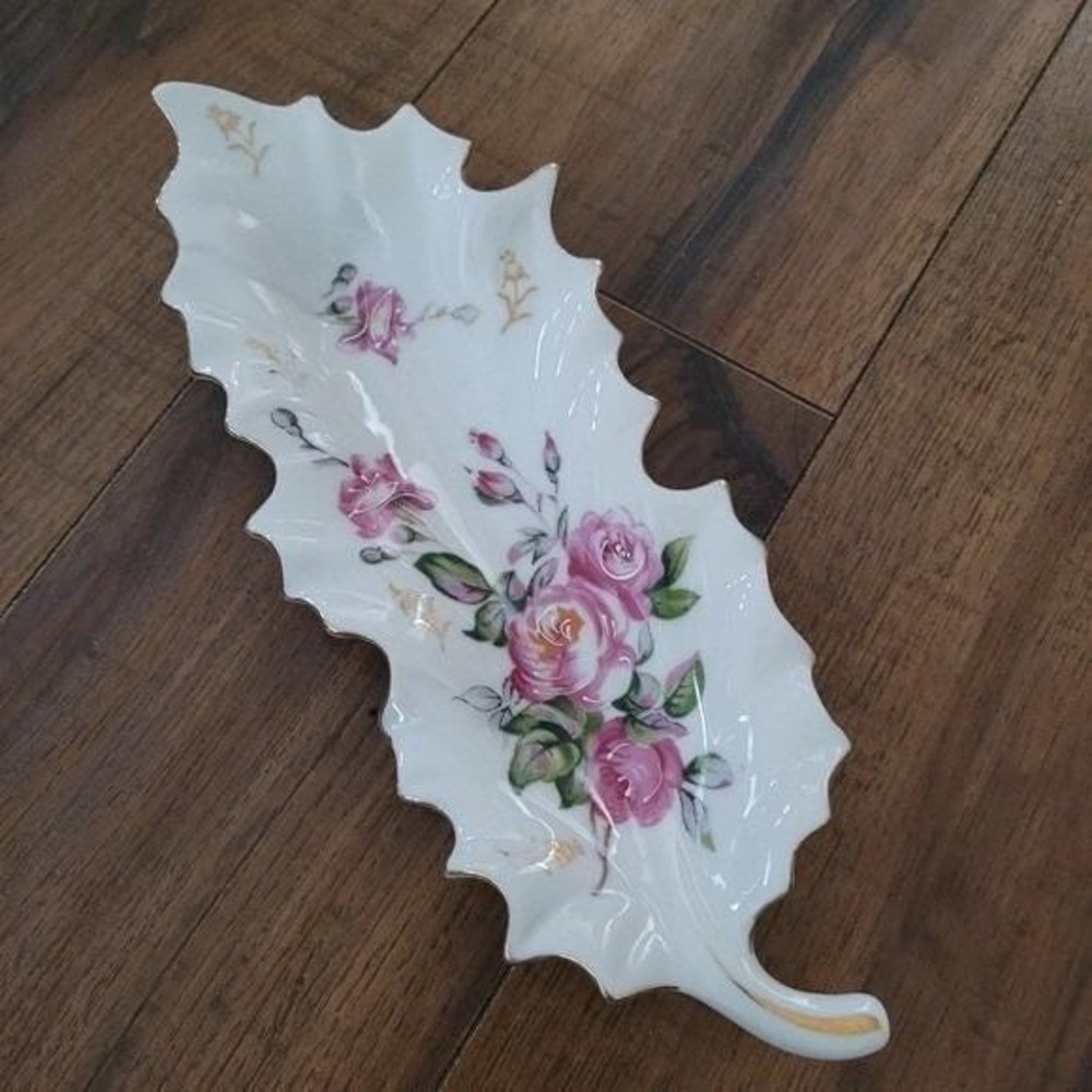 Vintage Porcelain Leaf Dish Pink Rose Floral Gold Trim Crossed Arrows 14/137